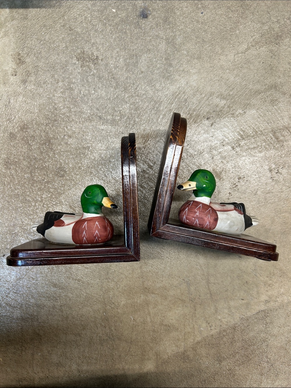 Vintage Ceramic Duck & Wooden Bookends